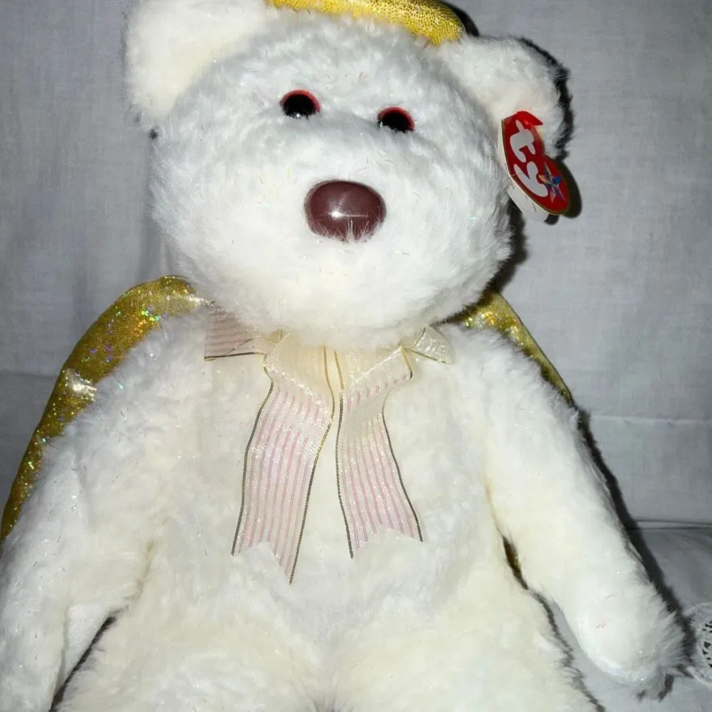 Ty Beanie Buddy Halo II Angel Bear 2000 White Gold Wings Iridescent Sparkle MWMT